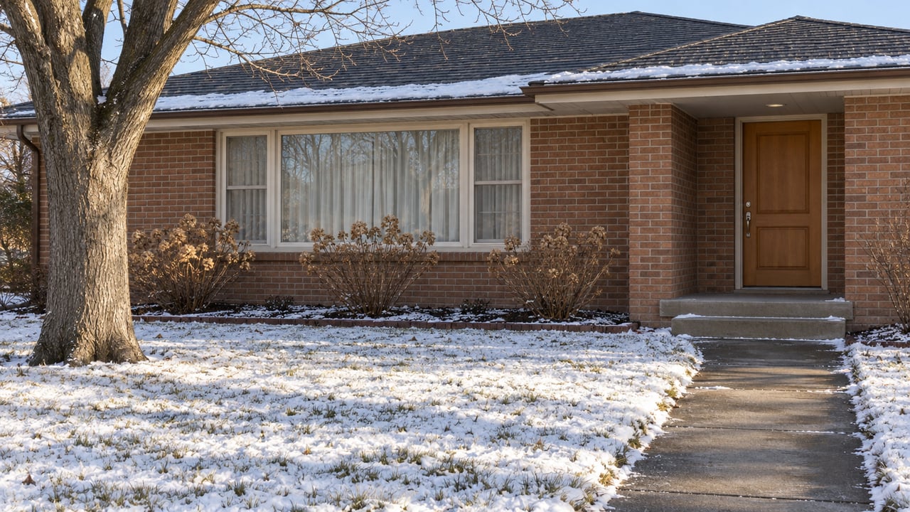 Winter morning light on a brick ranch home beyond a snow-dusted lawn and cleared front walk.