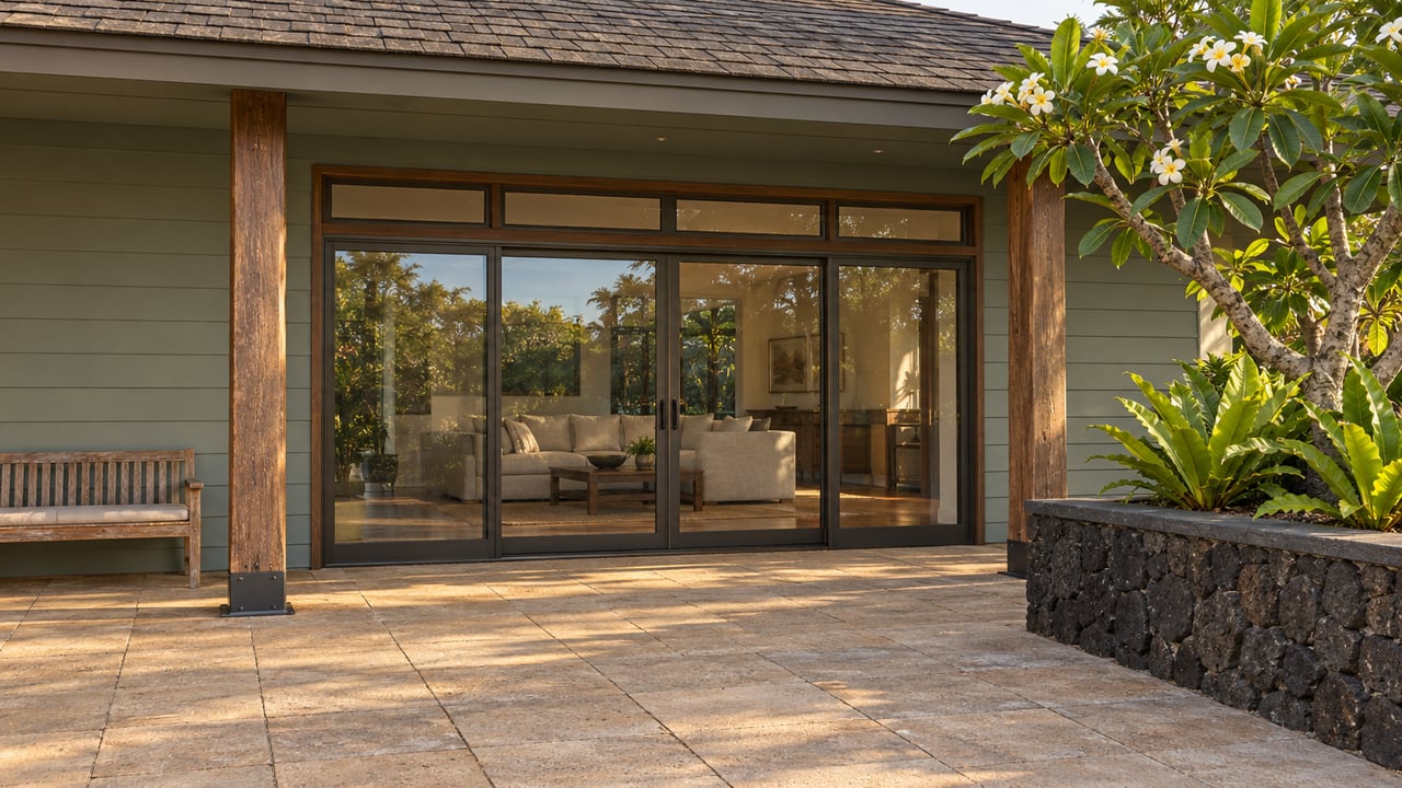 Covered tan-paver terrace with weathered timber posts, closed glass sliders, sage siding and a raised black stone planter containing flowering plumeria and bird’s nest ferns.