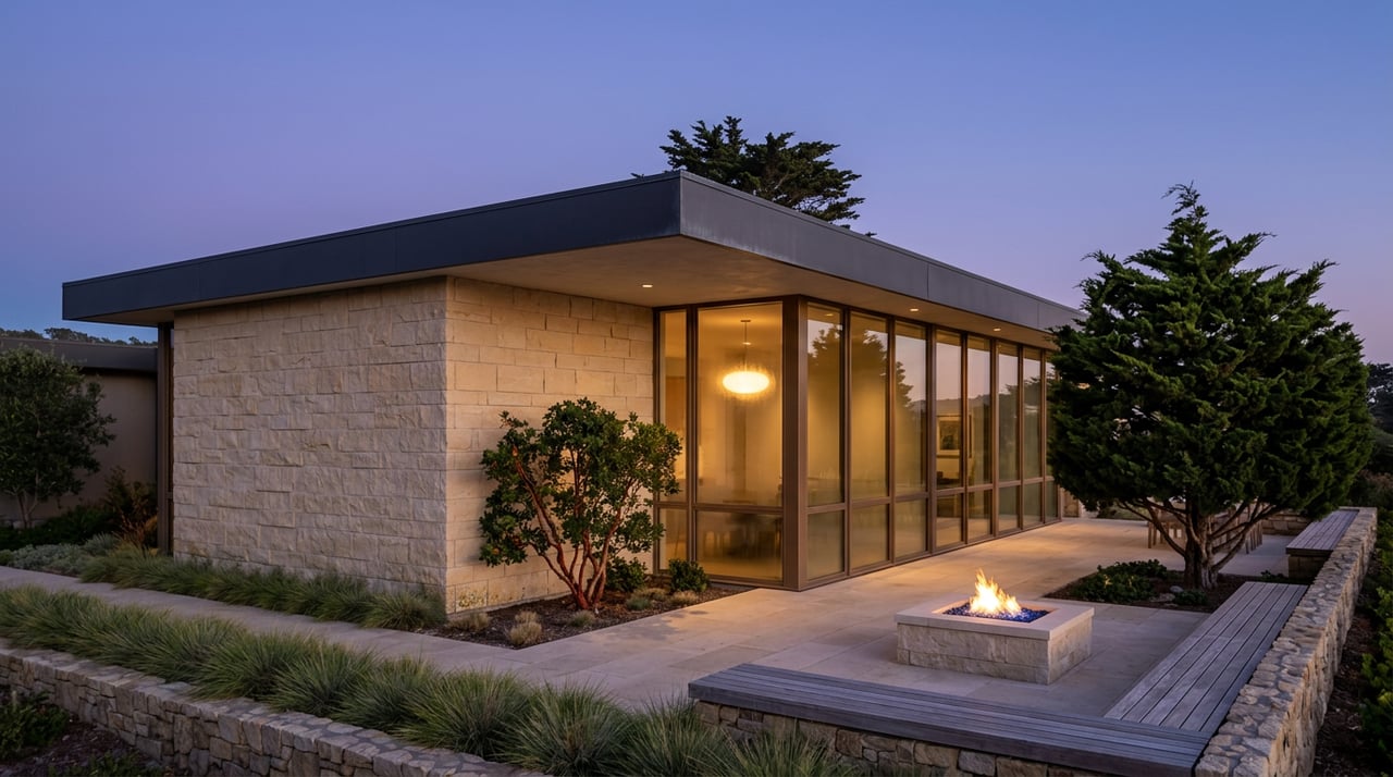Contemporary limestone-and-glass home at dusk, with glowing pendant lights, a terrace fire bowl, and a cypress tree.