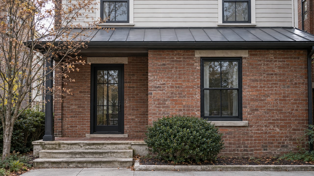 Compact brick house with a black-framed entry, tall windows, limestone steps, and a small planted bed.