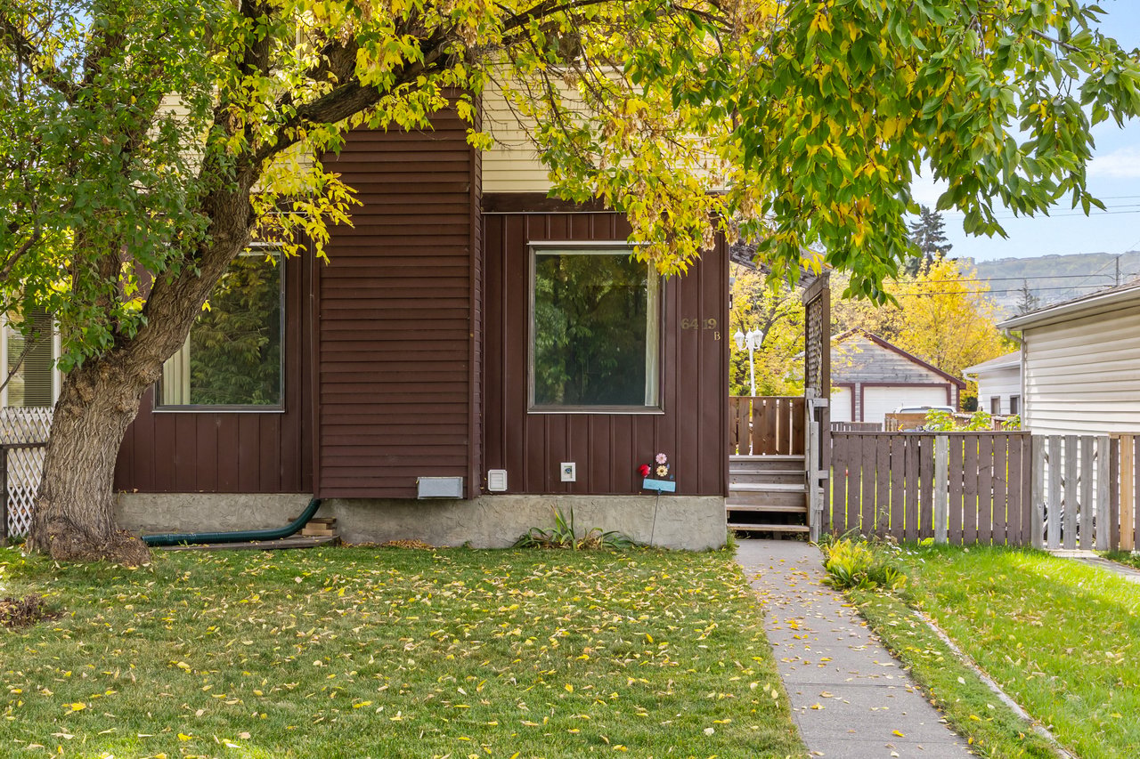 Brown-sided house behind a large autumn tree, with a walkway leading to the entrance.