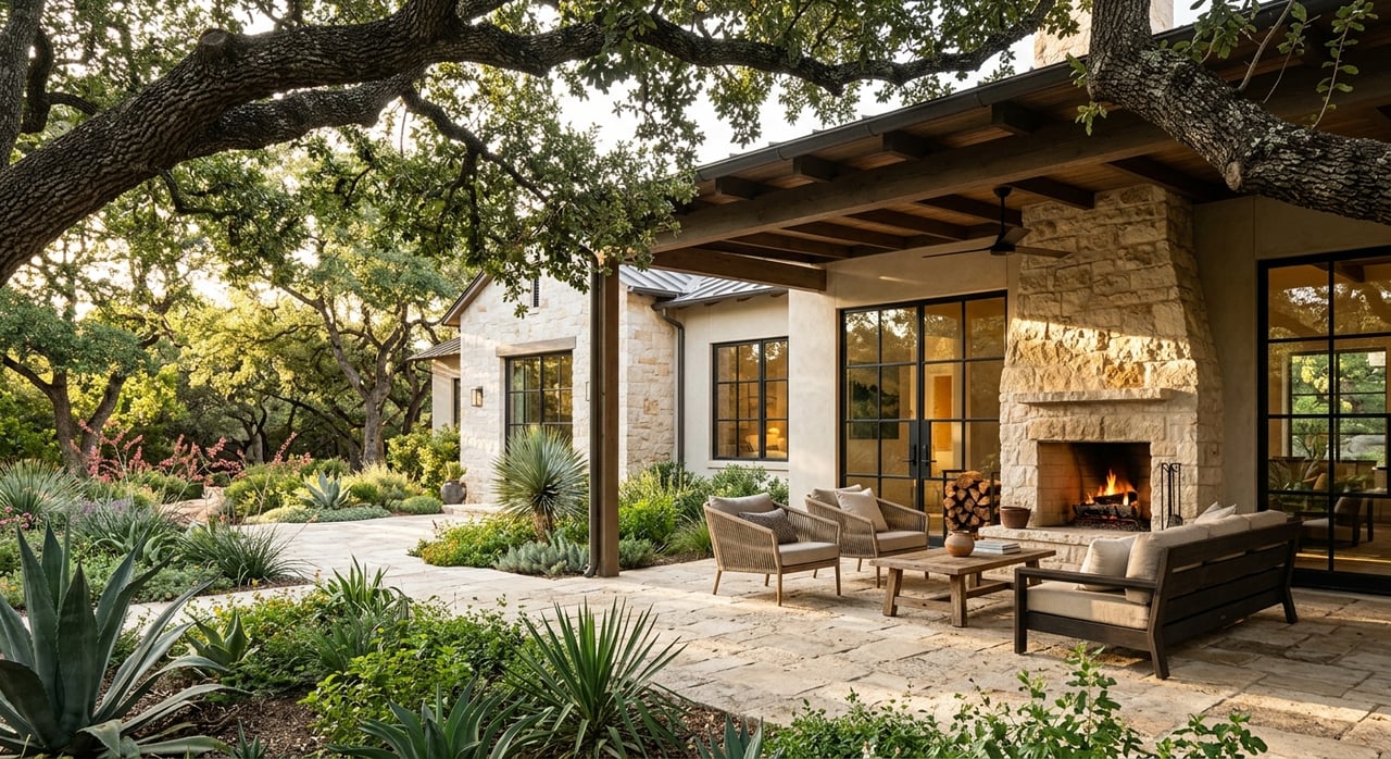 Covered limestone patio with a central outdoor fireplace, teak seating, and oak trees overhead.