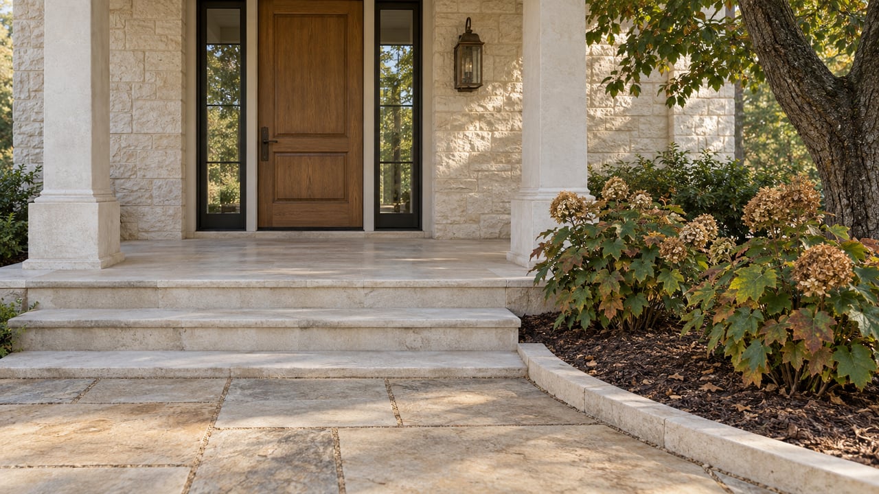 Covered limestone home entry with an oak door, paired black-framed sidelights, broad stone steps and oakleaf hydrangeas.