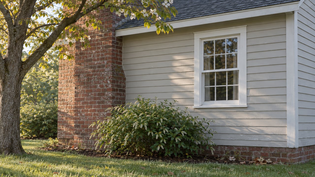 Older brick chimney beside gray clapboard wall and white six-over-six window, with a dogwood tree at left.