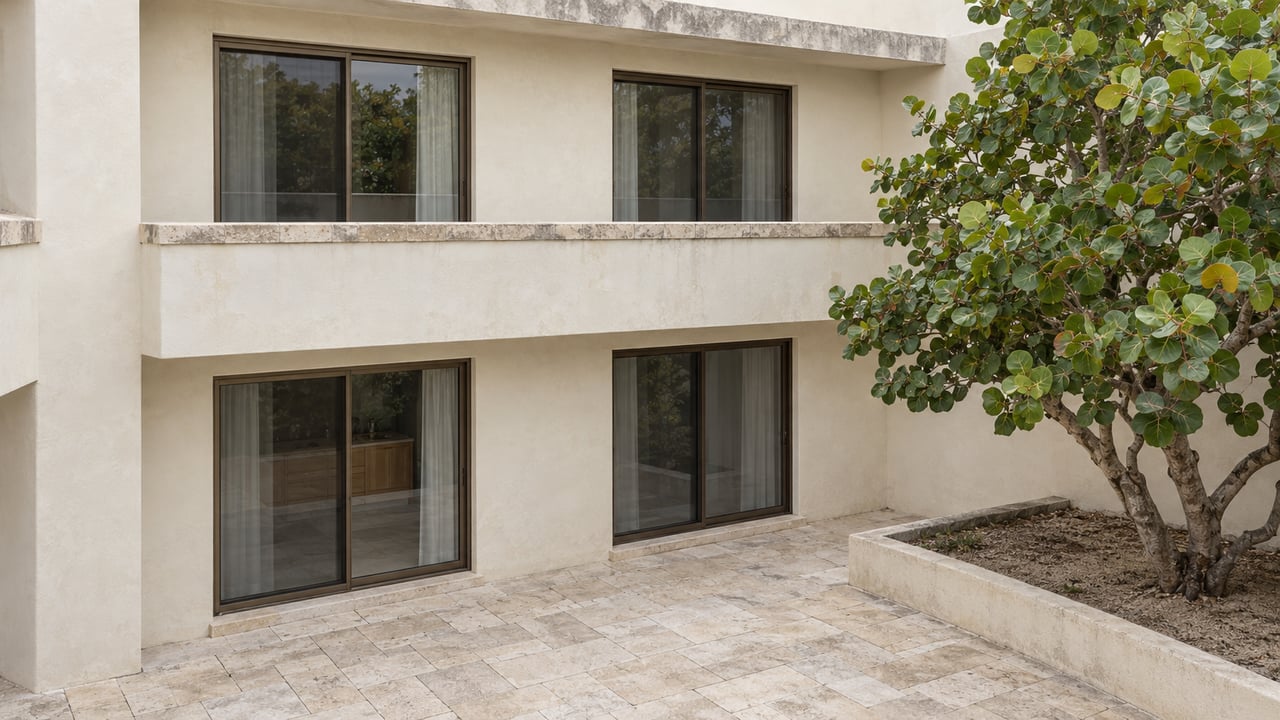 An older ivory-stucco condominium with bronze-framed glass doors, a solid balcony parapet and a limestone courtyard beside a sea-grape tree.