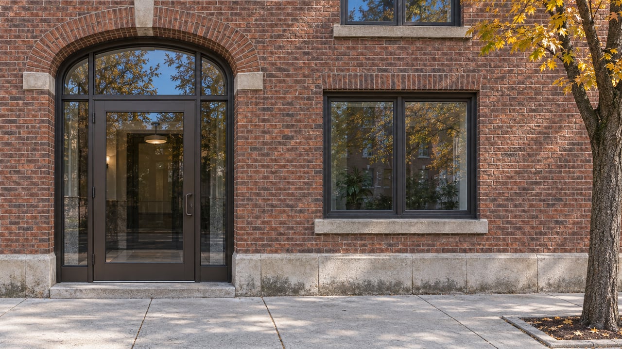 Red-brown brick apartment entrance with an arched glazed doorway, limestone trim and yellow-orange maple leaves beside a concrete sidewalk.