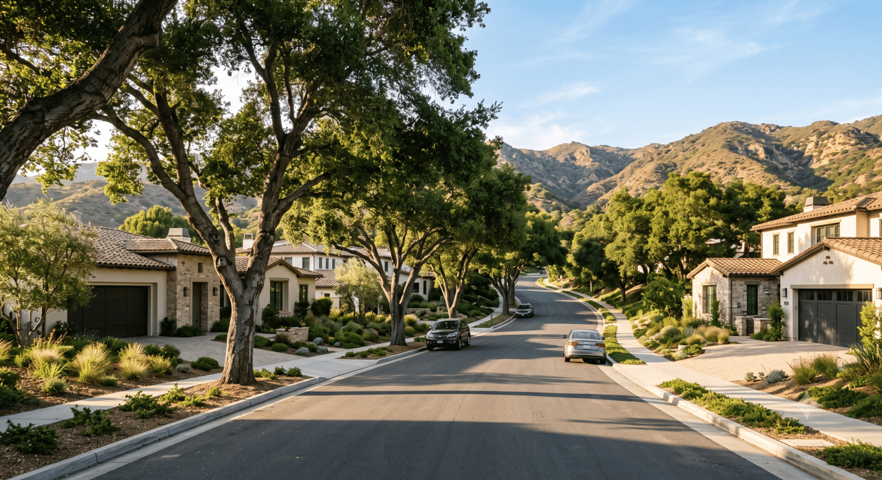 Tree-lined residential street with landscaped homes and hills in the background.