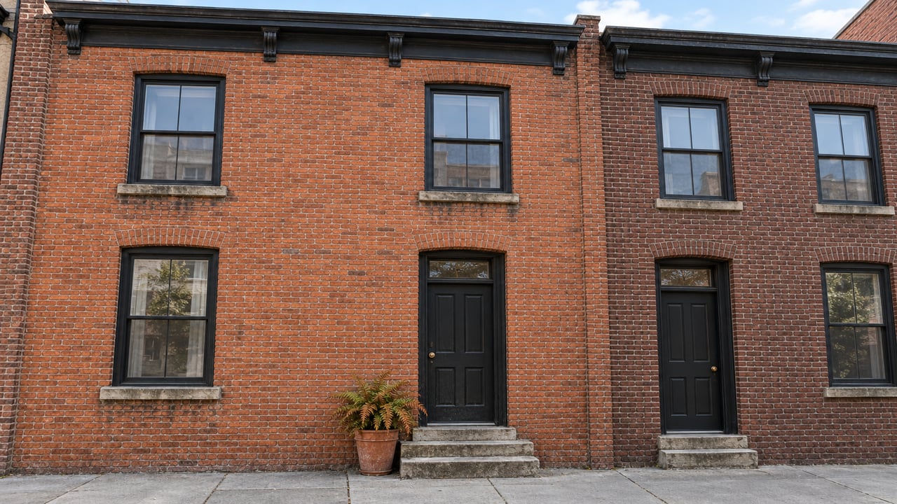 Two attached brick homes with slightly different cornice heights, dark sash windows, black entry doors, and worn stone stoops.