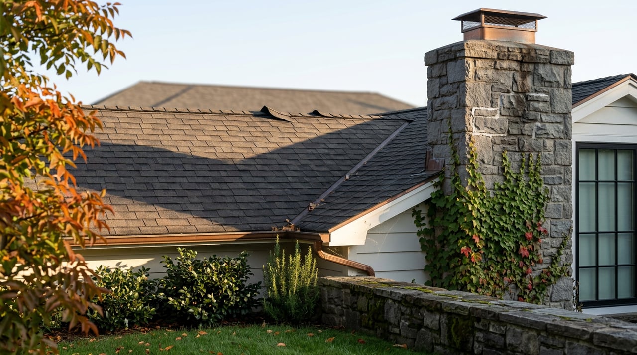 Dark shingle roof meets an ivy-covered fieldstone chimney, with a black-grid window and tree canopy at dawn.