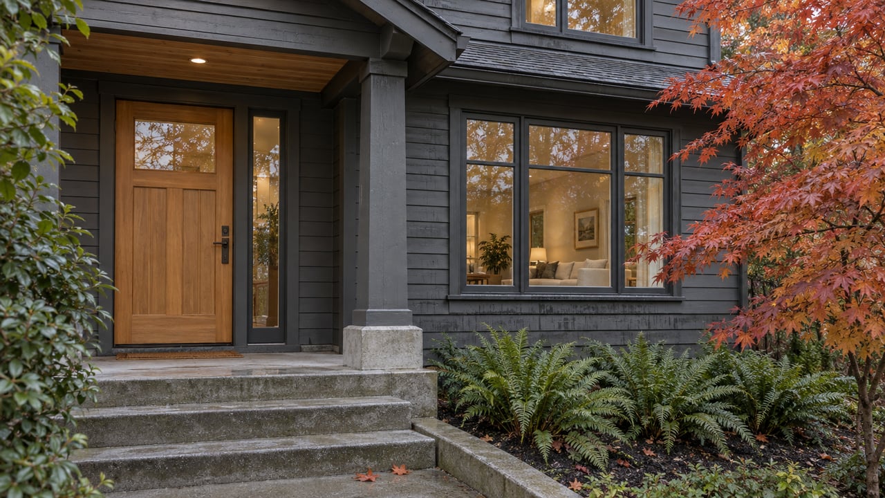 Charcoal timber house with a warm fir front door, concrete entry steps, and copper-red maple foliage in soft autumn daylight.