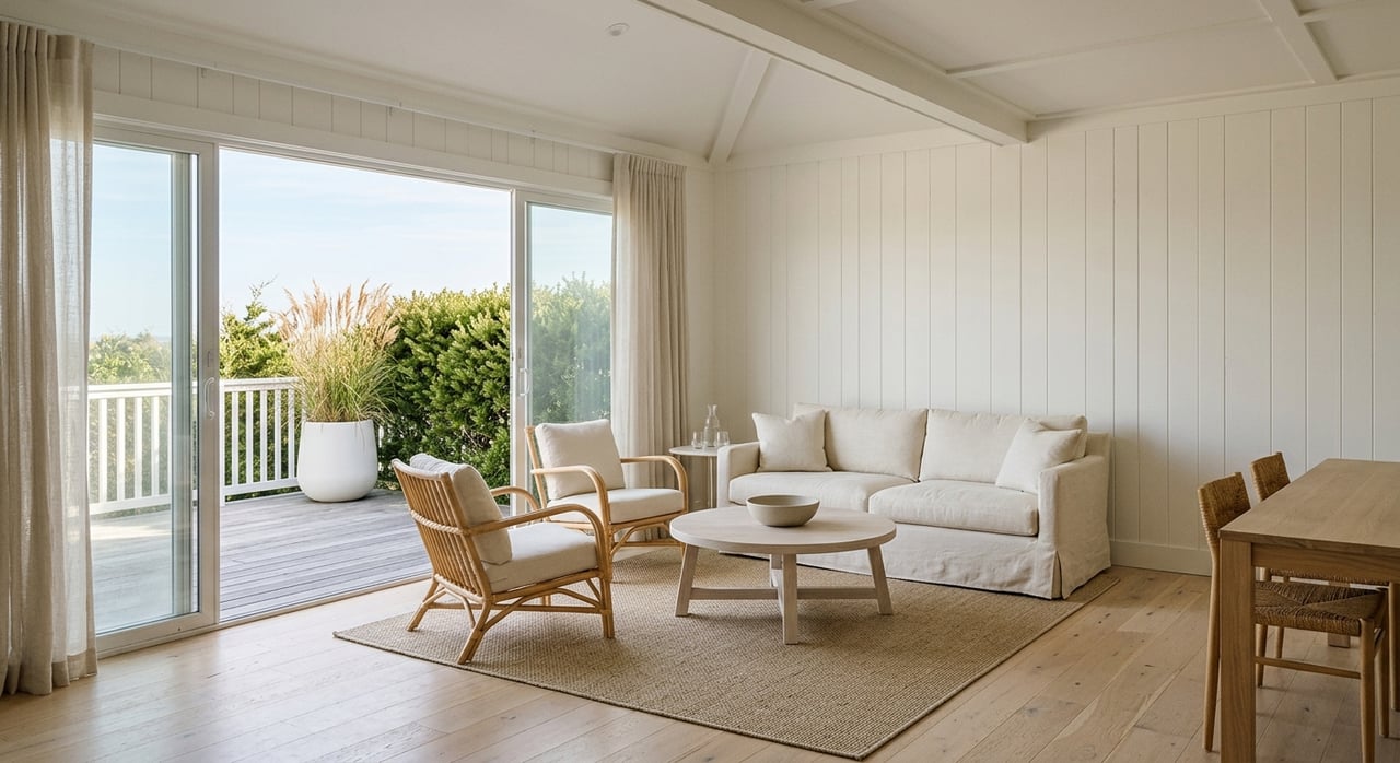 Open-plan living room with a sofa, rattan chairs, sisal rug, and sliding doors opening onto a gray deck.