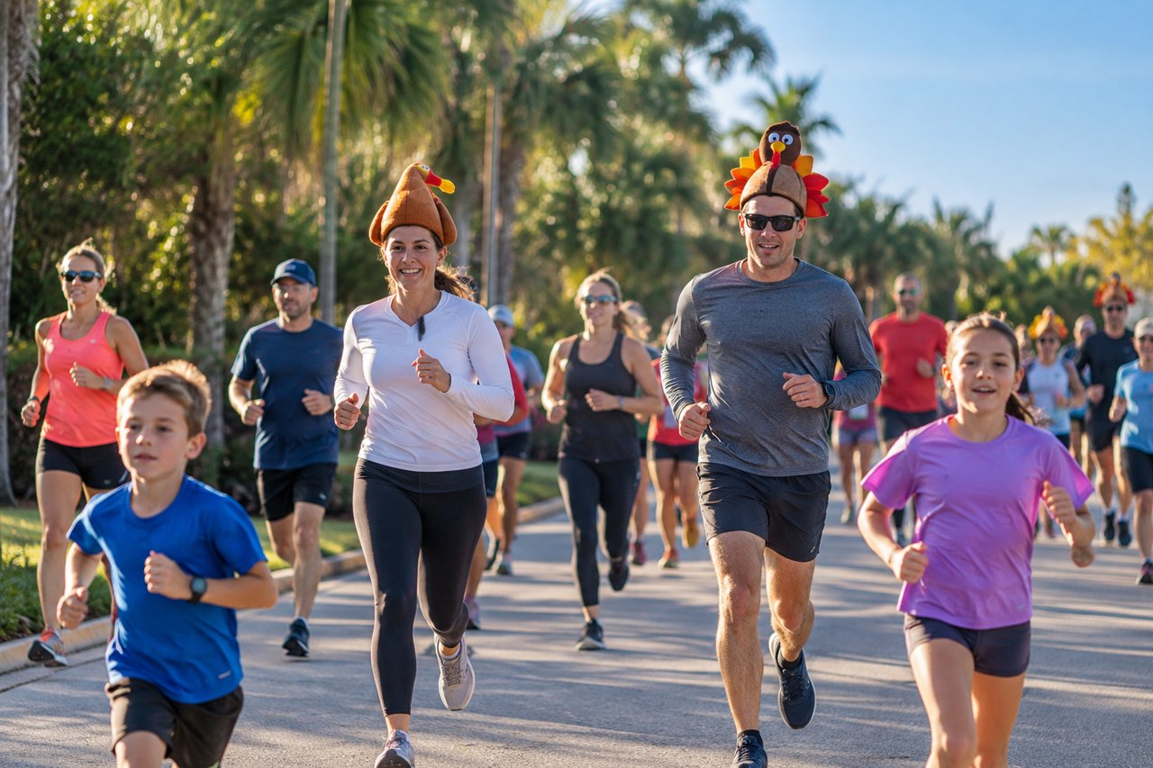 Families and kids in turkey hats running a Thanksgiving turkey trot on a palm-lined road in Palm Beach County, Florida