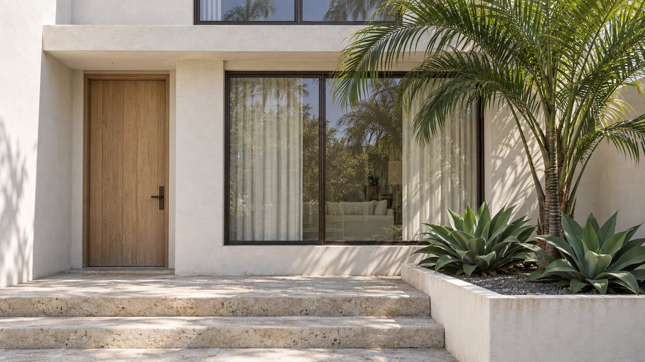 White stucco home with an oak entry door, bronze-framed windows, pale limestone steps and a sculptural palm in a raised planting bed.