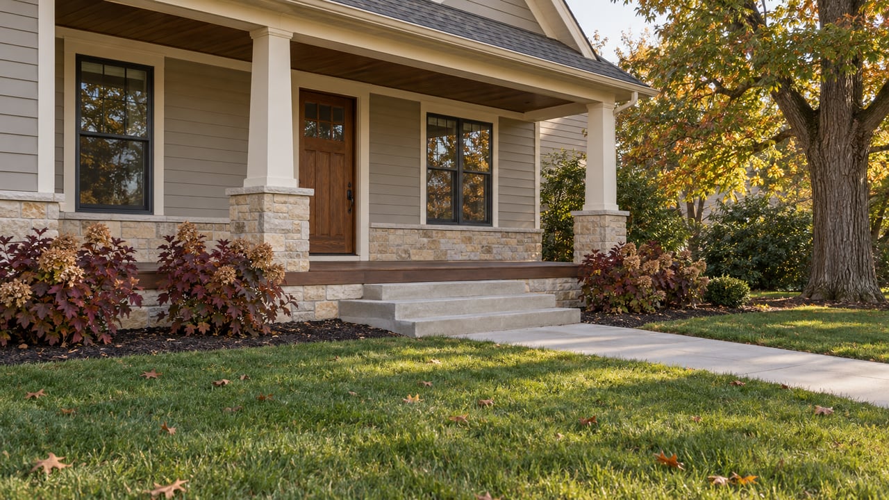 Autumn lawn and concrete approach leading to a gray-sided home with a stone-based porch and mature bur oak.