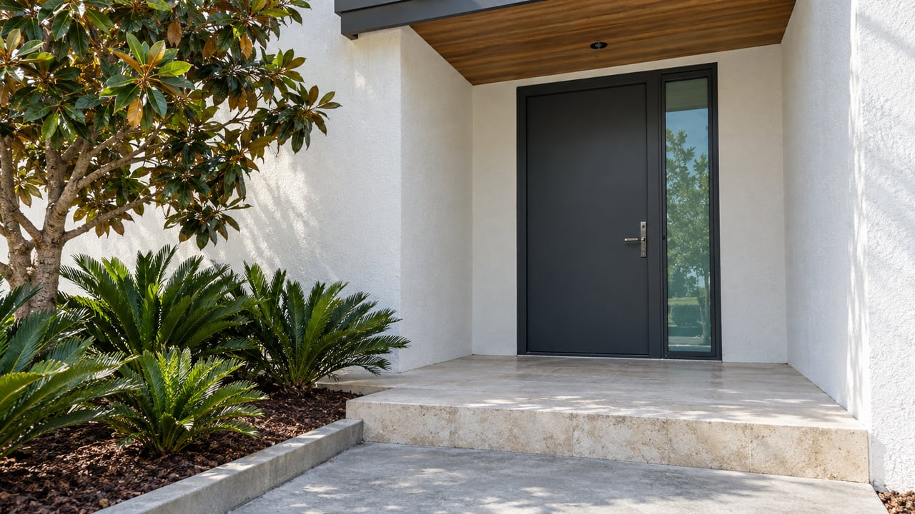 White stucco home entry with a charcoal door, teal-glass sidelight, pale stone steps, and magnolia foliage.