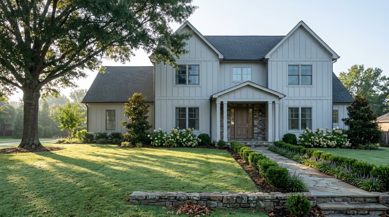 Two-story light-gray home with a fieldstone entry, flagstone walk, and broad oak canopy over a dewy lawn.