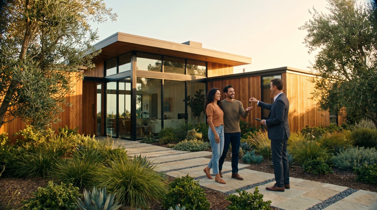 Modern wood-and-glass home with a flat roof, landscaped path, and a couple meeting an agent.