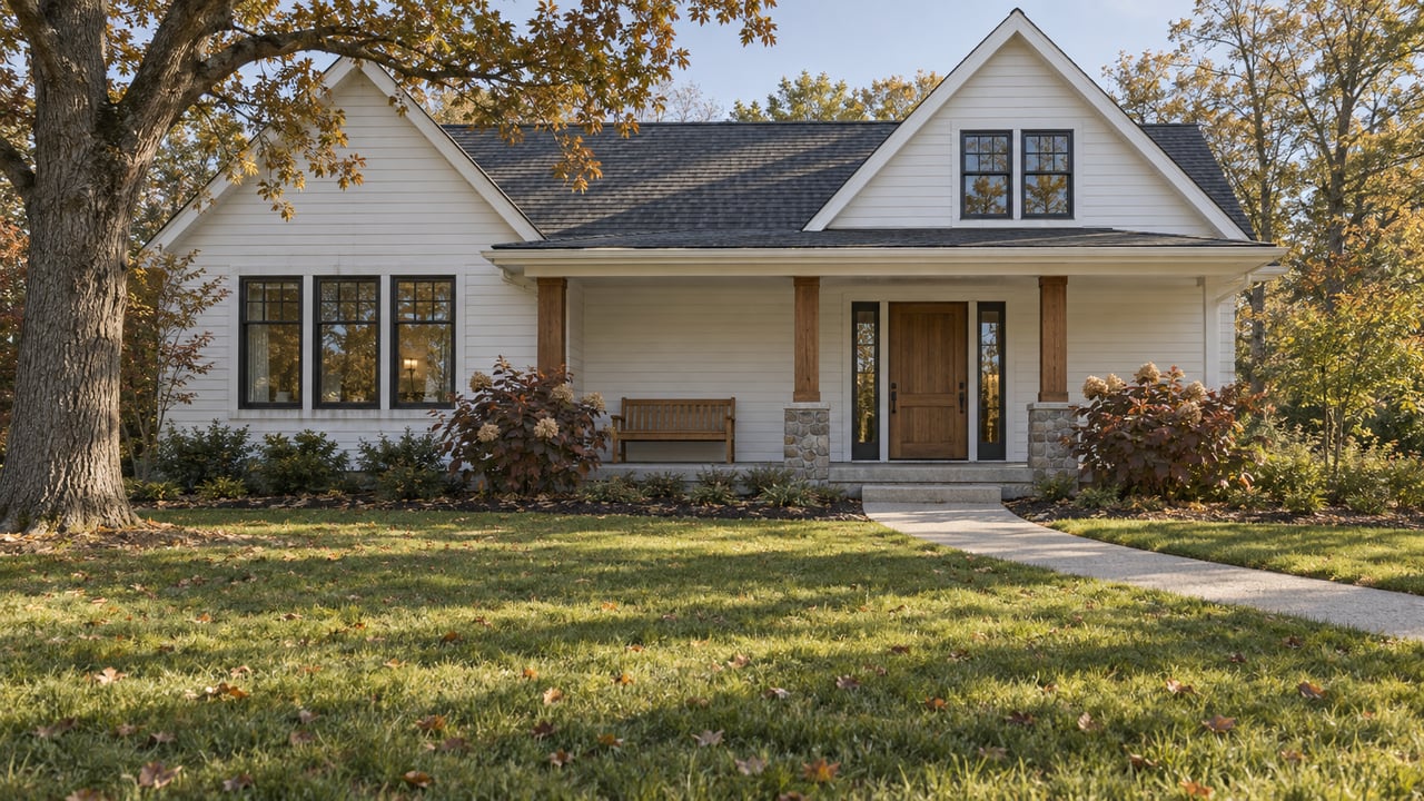 White-sided home with charcoal gables, oak porch posts and stone bases beyond an autumn lawn and curved concrete entry walk.