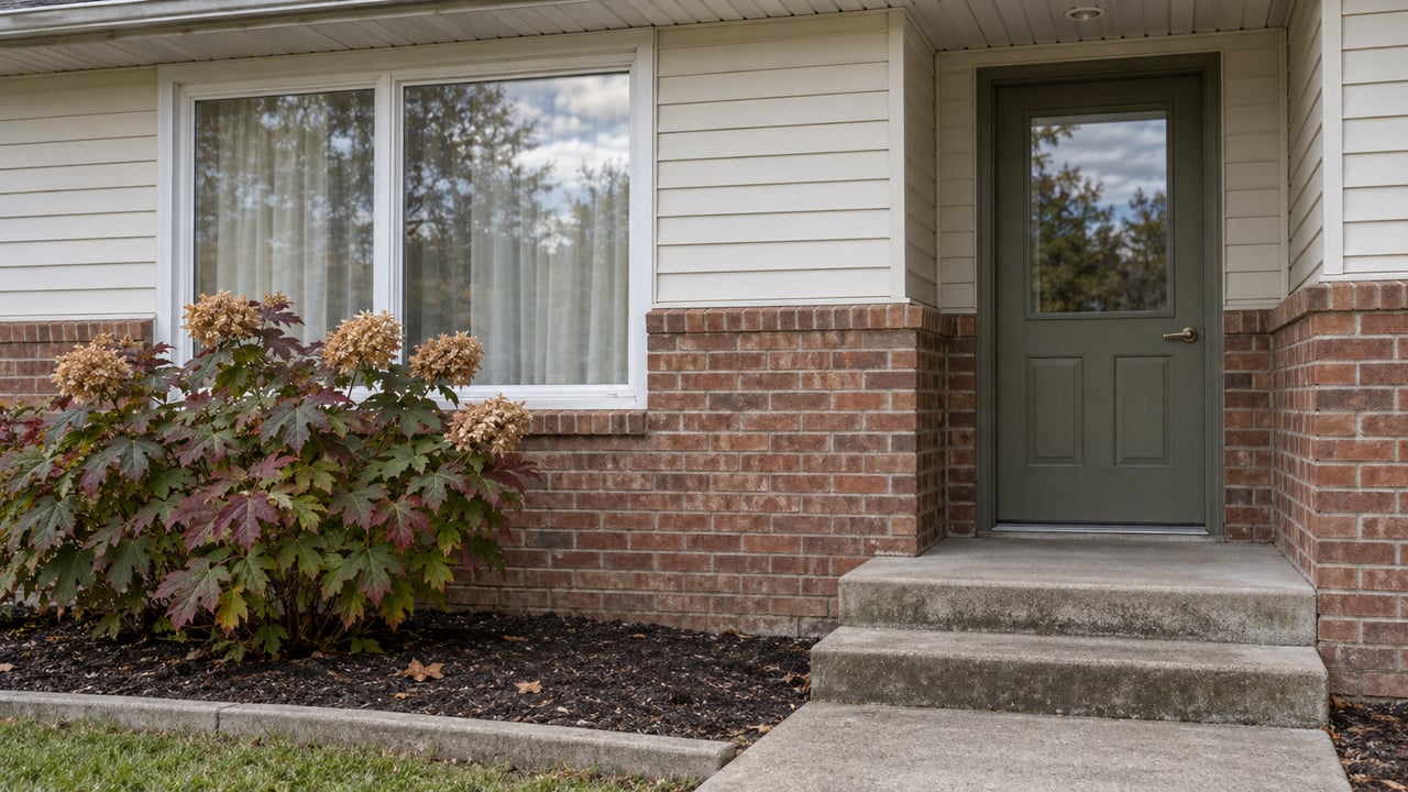 An ivory-sided house with red-brown brick, a muted olive front door, worn concrete steps, and autumn oakleaf hydrangea beside the window.