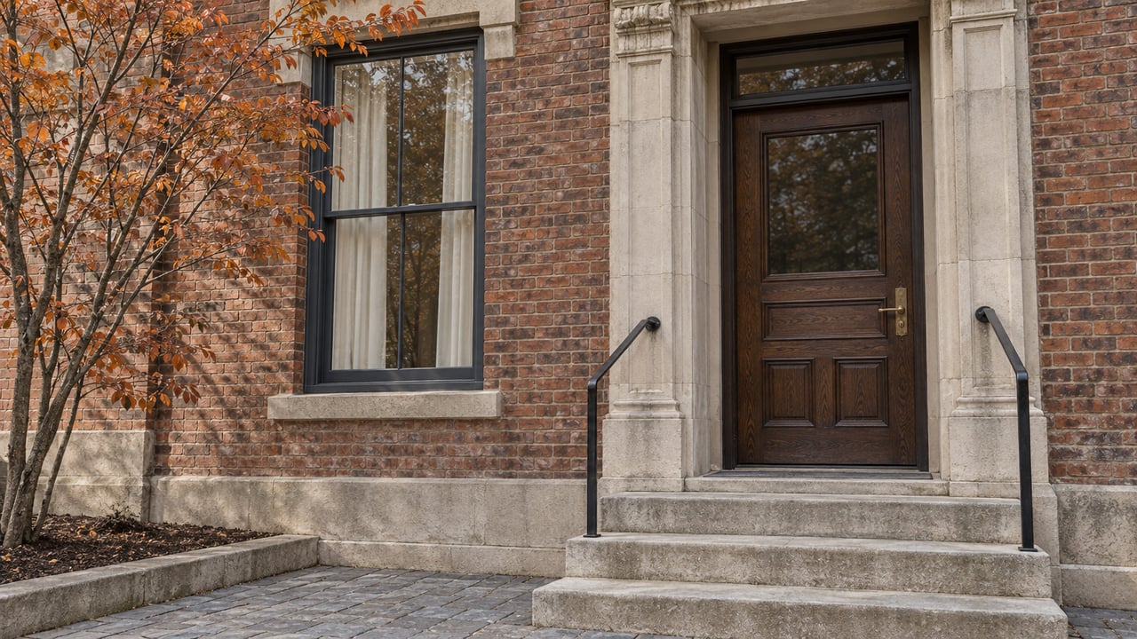 Restored brick townhome entrance with a limestone surround, dark oak door, worn stone steps and an autumn serviceberry.