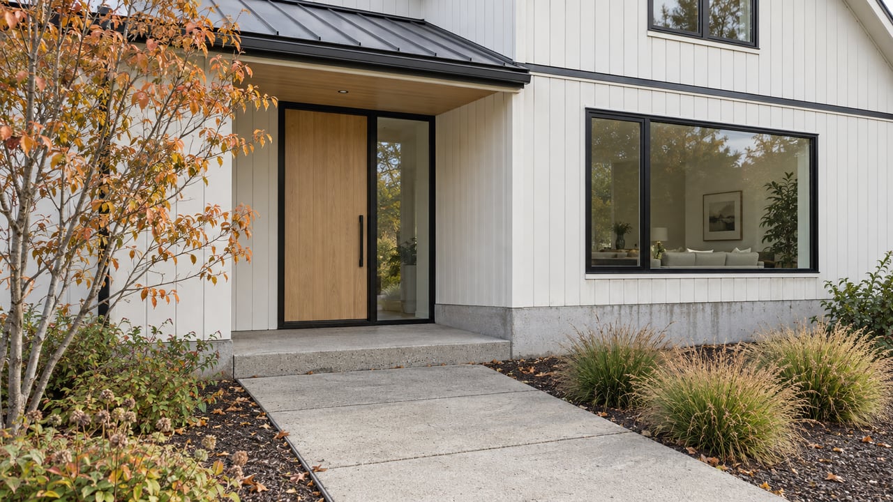 Contemporary white-sided house with pale oak entry, black-framed windows, concrete walk, and early-autumn planting.