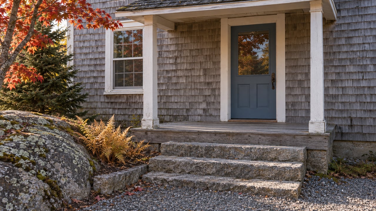 Gray shingle home entrance with a blue door, broad stone steps, and autumn foliage.