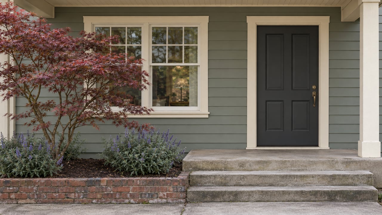 Sage-gray home entry with charcoal door, divided-light window, concrete steps, and a Japanese maple.