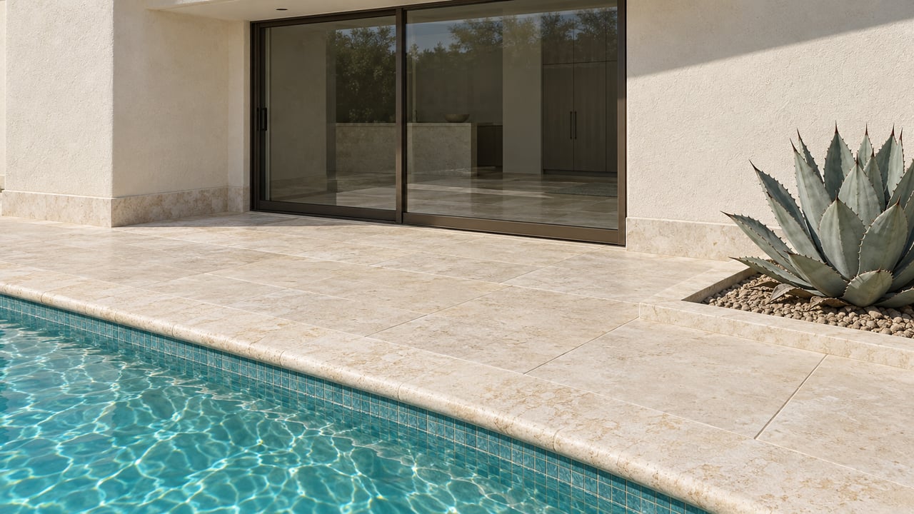 Cream stucco courtyard with closed bronze-framed glass doors, an ivory limestone terrace, a sculptural blue-gray agave and turquoise pool water.
