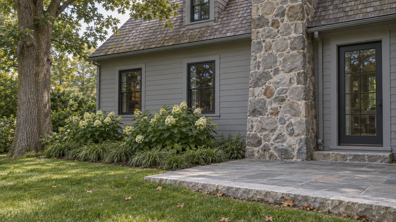 House rear corner with fieldstone chimney, gray siding, glazed windows, and a stone terrace beside a planted garden.