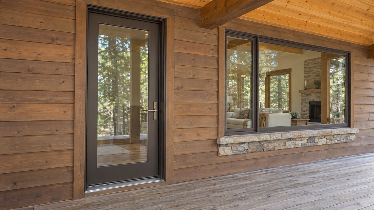 Weathered cedar porch and bronze-framed glass entry beneath a timber roof, with a warm enclosed living room visible inside.