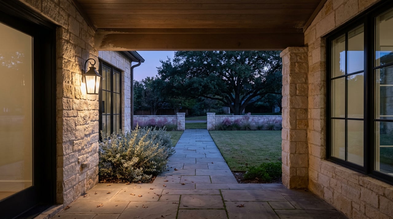 Lantern-lit limestone porch overlooks a stone walkway, lawn, garden wall, and oak canopy at dusk.
