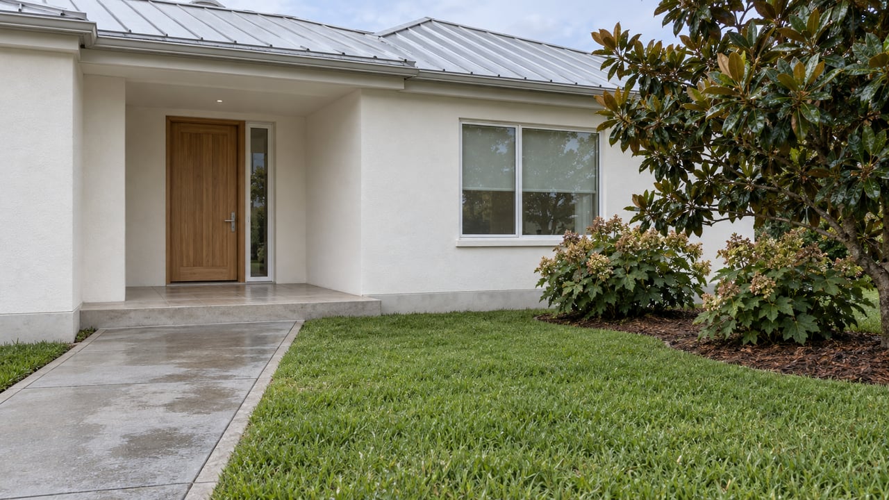 A light stucco home with a sheltered wood front door, damp concrete walkway and magnolia beside a deep green lawn.