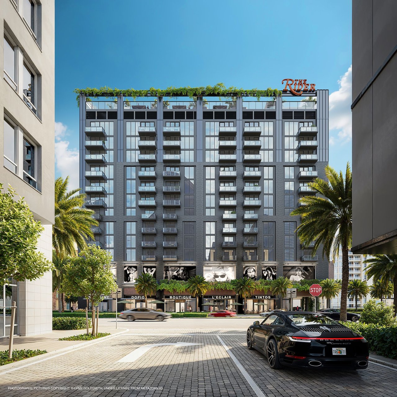 Rendering of The Rider Residences, a modern mid-rise with rooftop greenery and street-level shops.