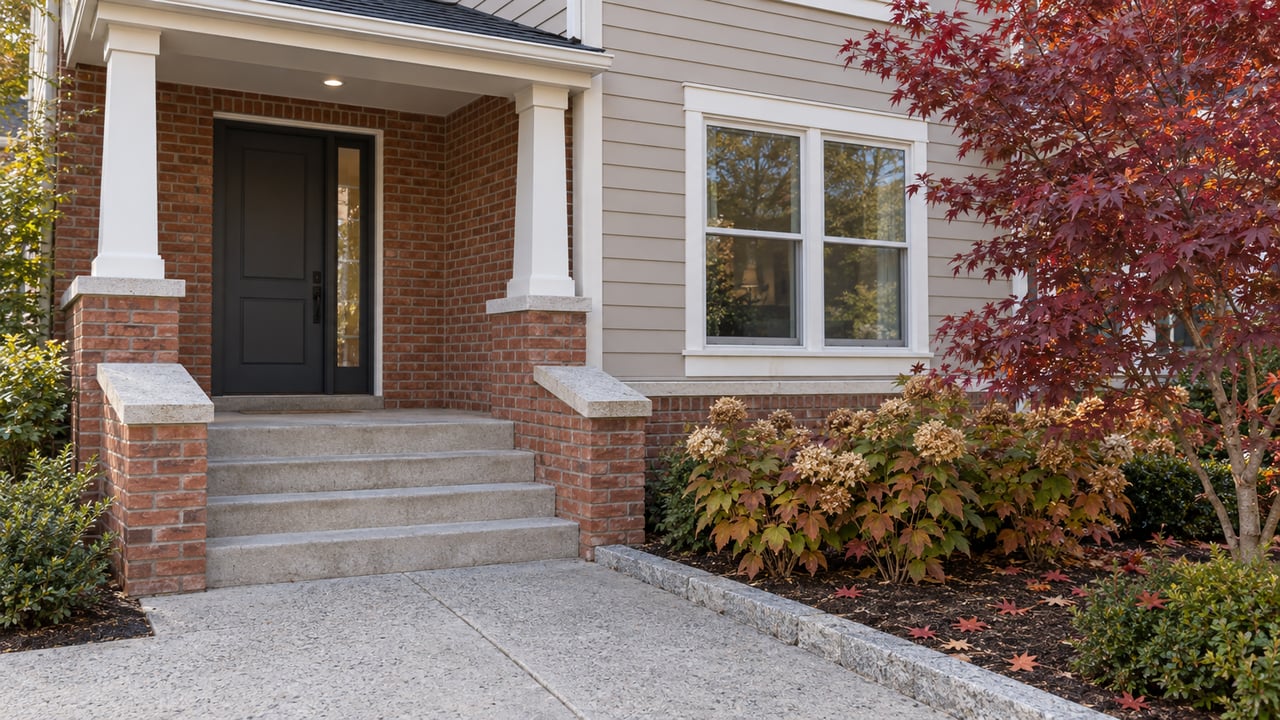 Red-brick townhome entrance beside beige clapboard siding, white-trimmed windows and autumn planting along a granite-edged walk.
