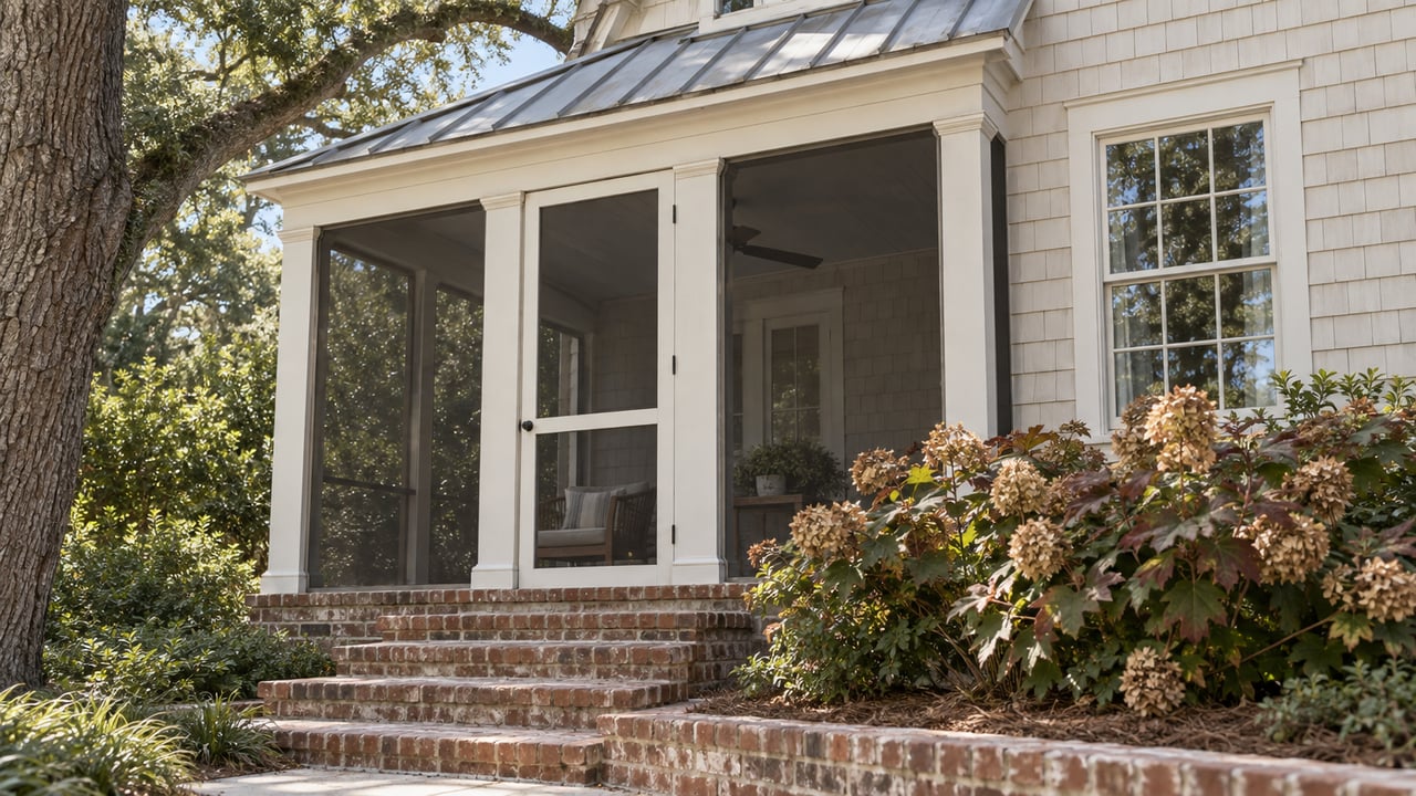 Close view of an ivory-shingled home's screened porch, weathered metal roof and brick steps beside oakleaf hydrangeas.
