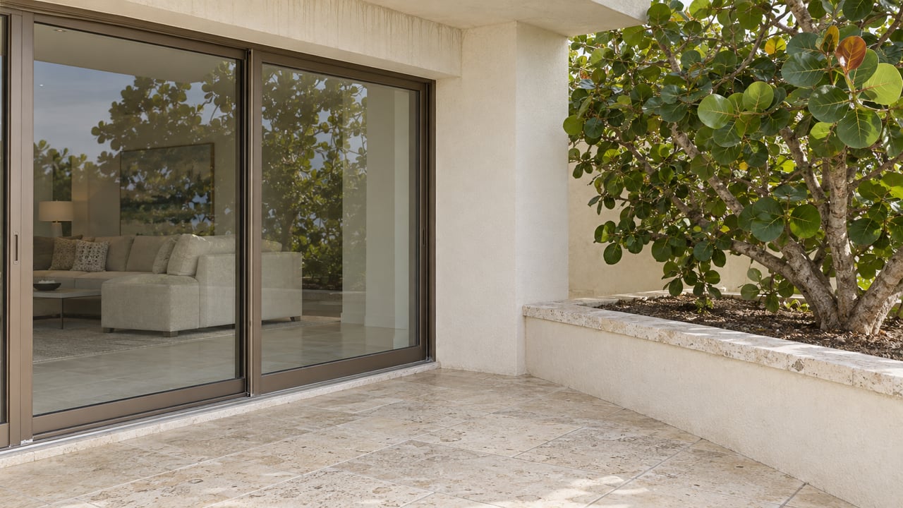 Cream stucco residence with bronze-framed glass doors, shell limestone terrace paving, and a sea grape tree in a raised masonry bed.