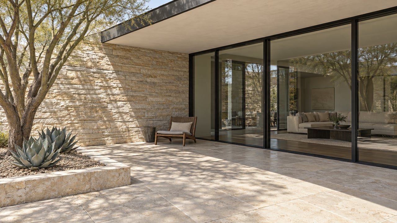 Desert-modern home's shaded limestone terrace, glazed living room and stone planter with a sculptural blue palo verde and two compact agaves.