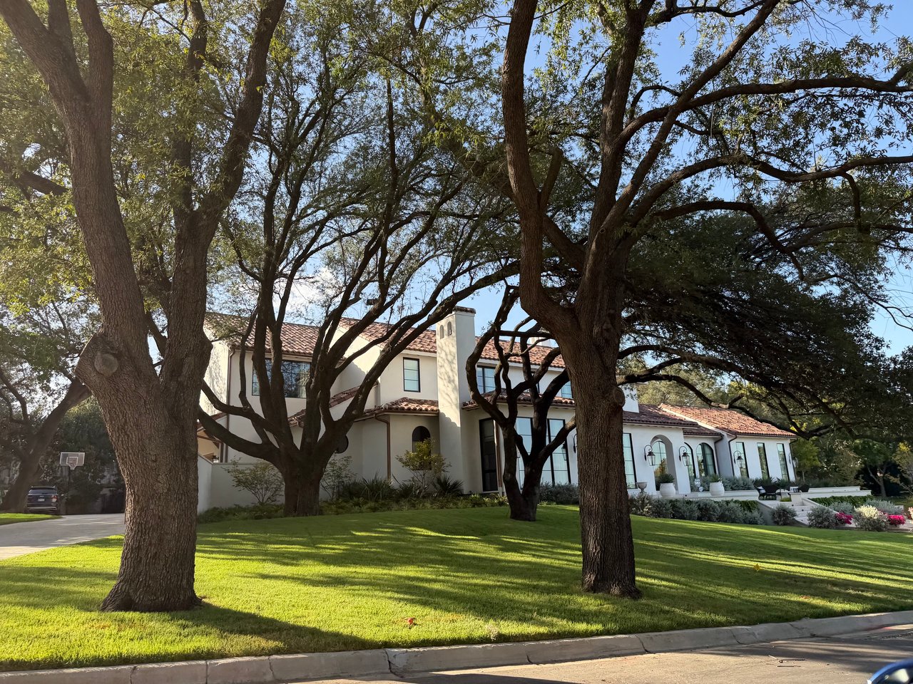 White stucco home with a terracotta tile roof framed by mature trees and a manicured lawn.