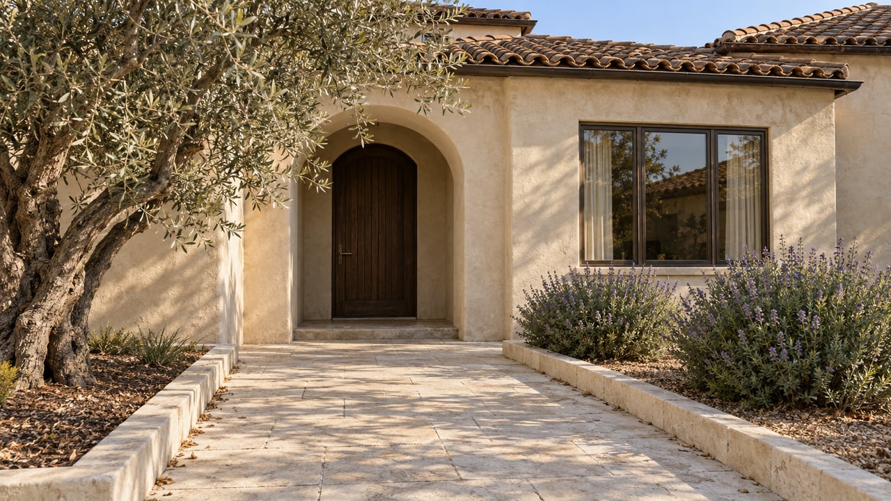 Sunlit limestone approach to an ivory stucco home with clay roof tiles, a recessed oak door, and a sculptural olive tree.