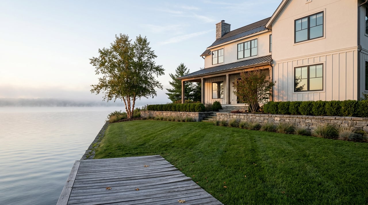 Lakefront home with a covered porch, rising above a sloping lawn and stone retaining wall beside a dock.