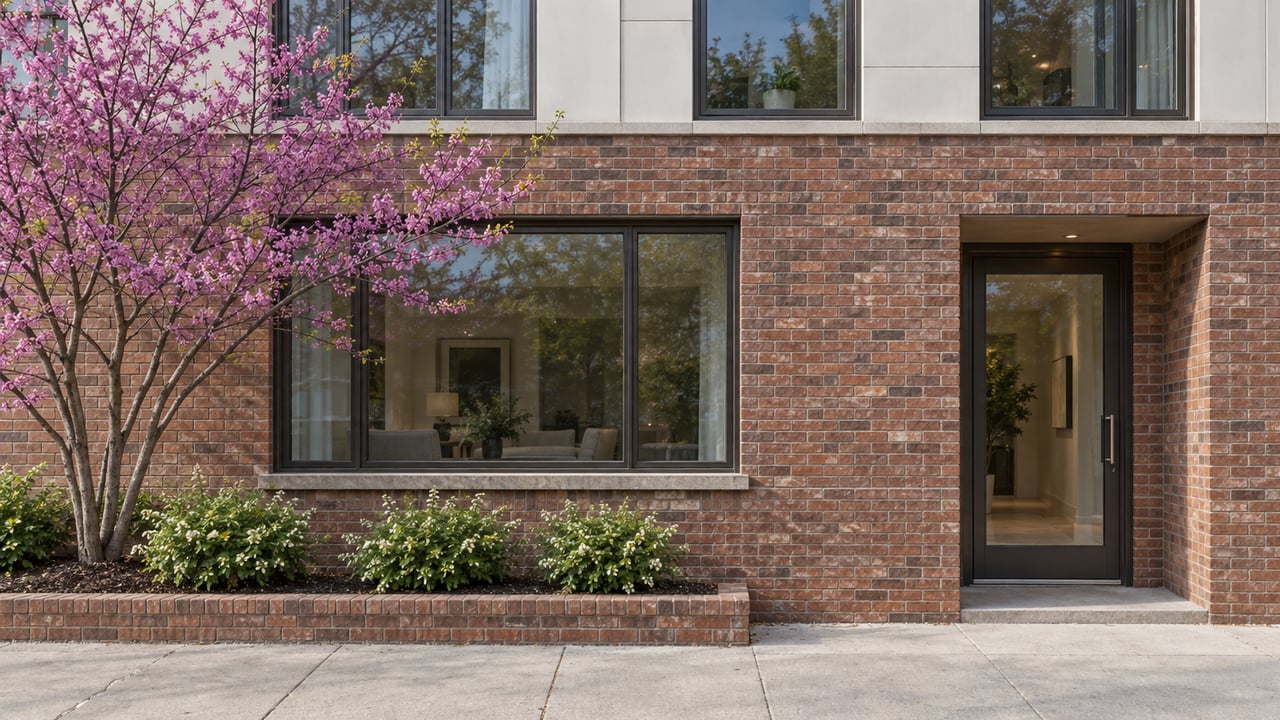 Urban condo facade with red-brown brick, a recessed glass entry, upper windows, and a small tree in a raised bed.