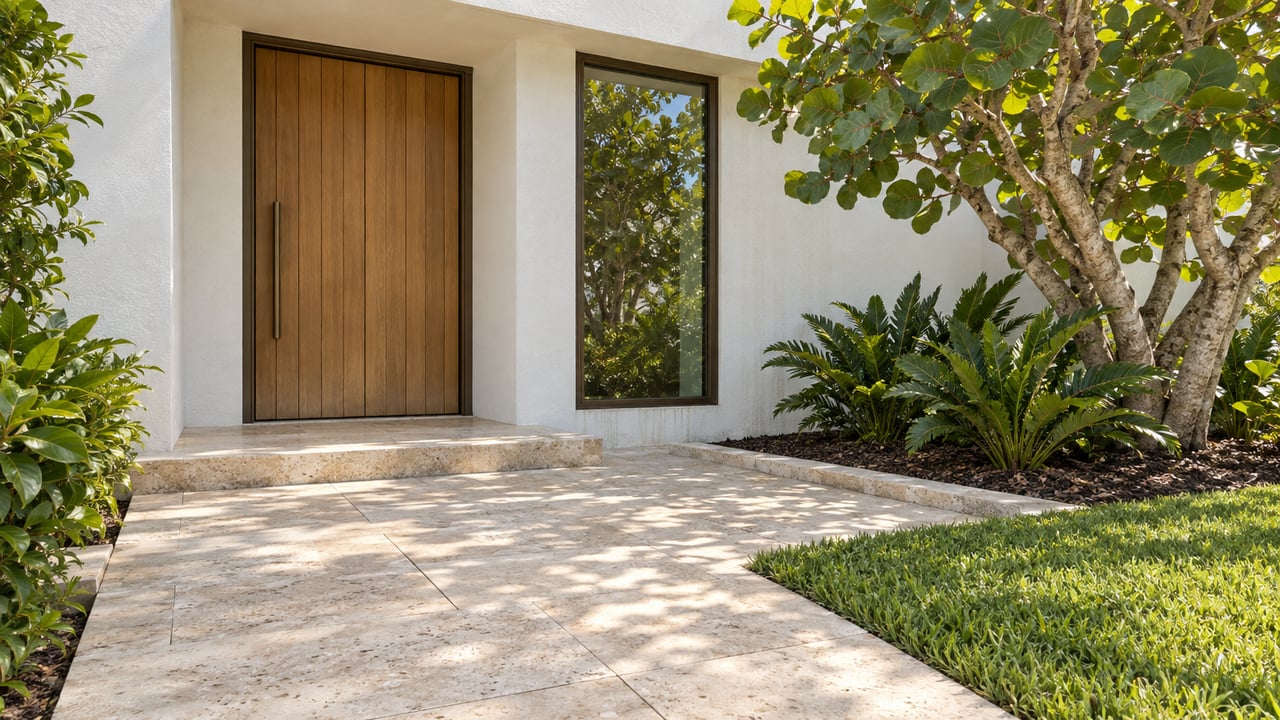 Recessed teak entry and bronze-framed window in a white stucco home, with a limestone approach and sculptural sea-grape planting.