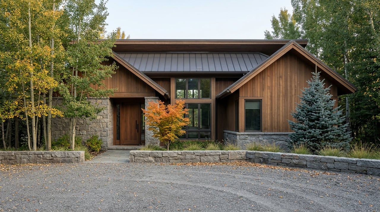 Modern home with a stone entry, cedar siding, and gold aspen trees beside a gravel motor court.
