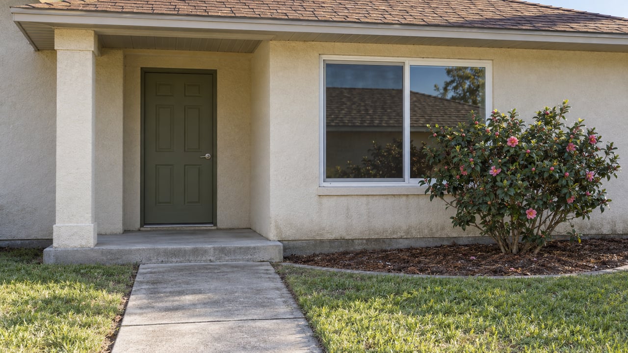Morning light on a modest stucco home's covered entry, white-framed window and concrete front walk beside a camellia.