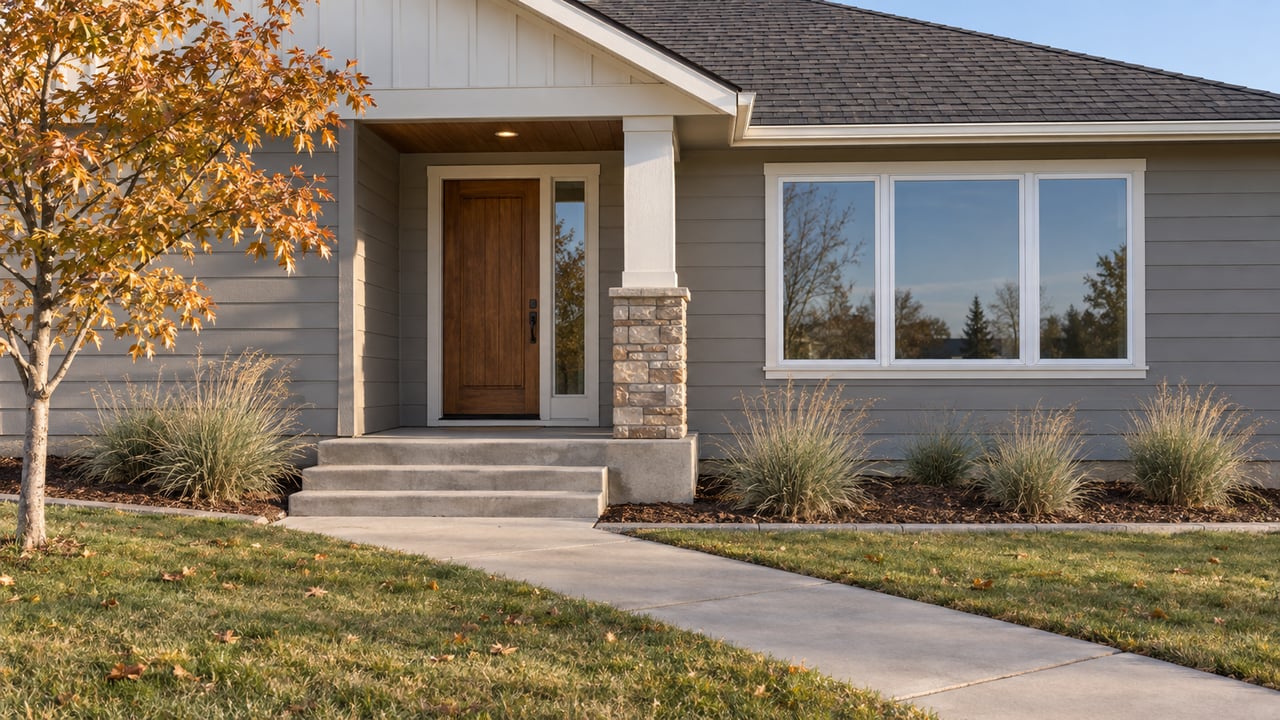 Late-autumn light across a gray-sided single-story home, stone porch pier, concrete approach and broad front lawn beneath a copper-leaved maple.