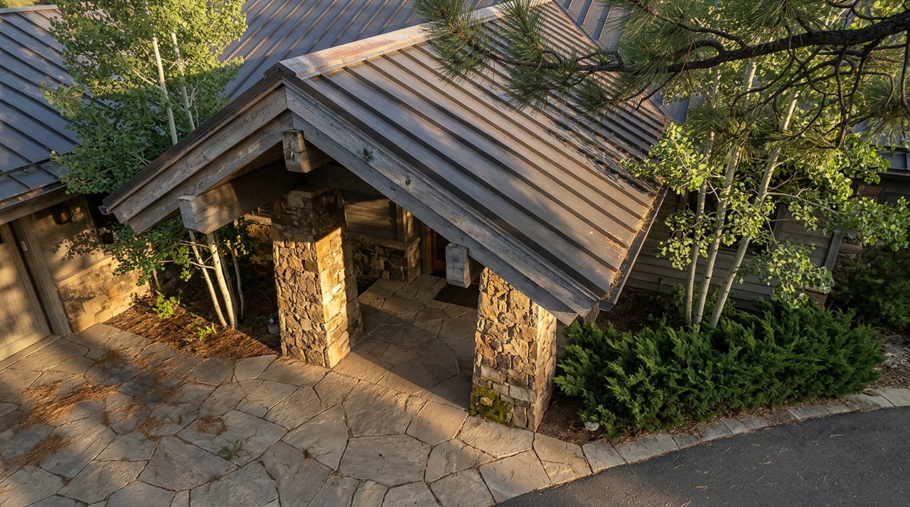 Steep gabled metal roof and timber eaves above stone entry columns, flagstone motor court, and pines.