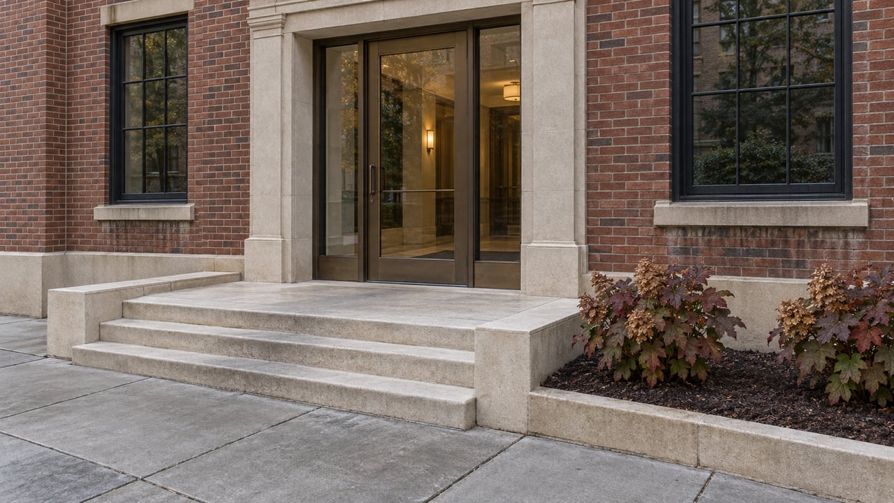 Brick condominium entrance with bronze-framed glass doors, worn limestone steps and autumn oakleaf hydrangeas.