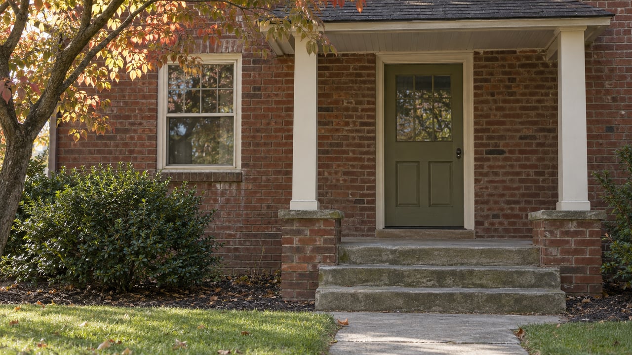 Older brick house entrance with an olive door, sandstone steps, and dogwood branches overhead.