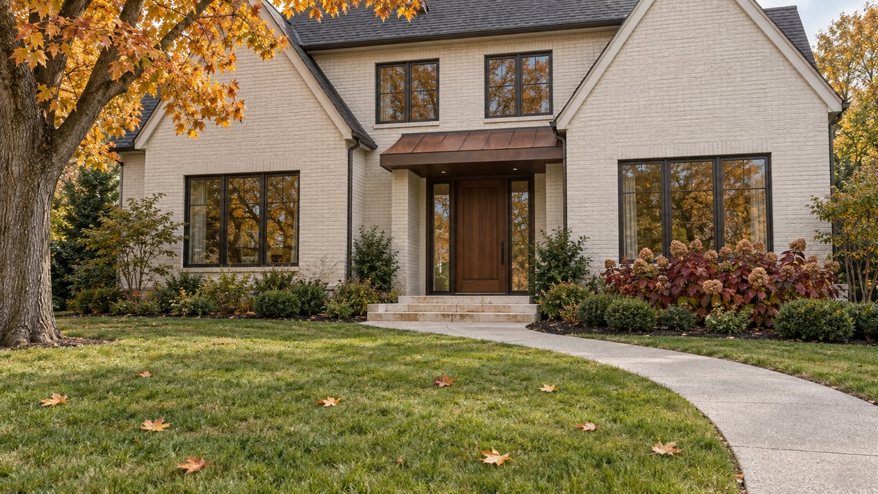 An ivory painted-brick home with dark-framed windows, a walnut entry, and a curved walk across an autumn lawn beside an orange-leaved maple.