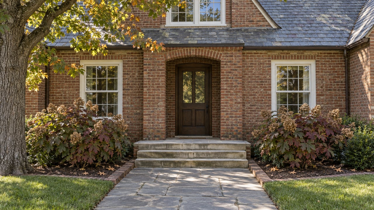 Brick home entrance with worn limestone steps, a bluestone walk, oak branches and autumn oakleaf hydrangeas.